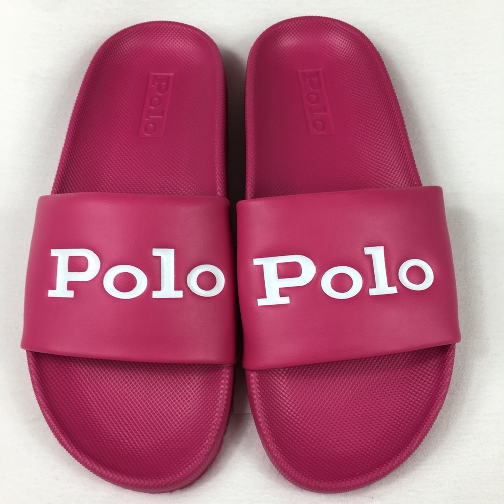 Polo Ralph Lauren Women's Polo Spellout Cayson Slides Pink & White Size 7 NEW